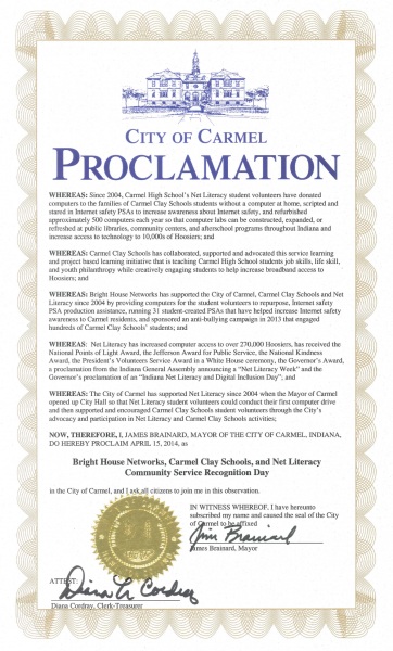 City of Carmel Proclaims Bright House Networks, Carmel Clay Schools, and Net Literacy Day